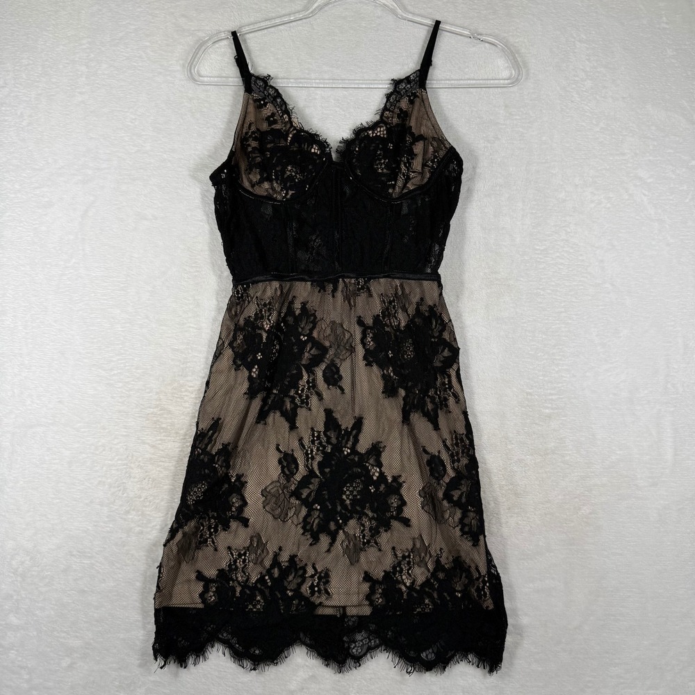 Superdown Black Lace Mini Dress Nude Lining Bustier Eyelash Hem Medium Revolve